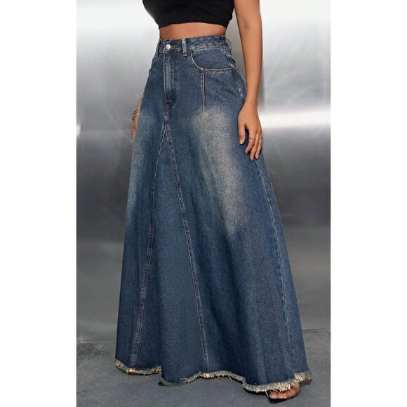 Women's High Waist Denim Skirt Full Length Frayed Raw Hem Flared A Line - Picture 4 of 5